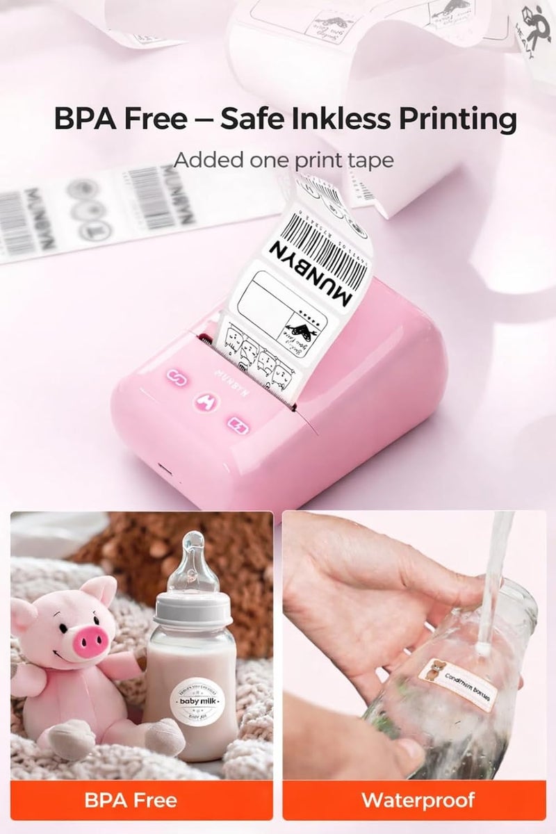 MUNBYN Portable Label Maker Machine with Tape,Bluetooth Thermal Printer with 1-Second Connect,Compatible with 0.78-2 Inch Labels,11H Battery for Small Business, Home, Office Organization (Pink) - Image 5